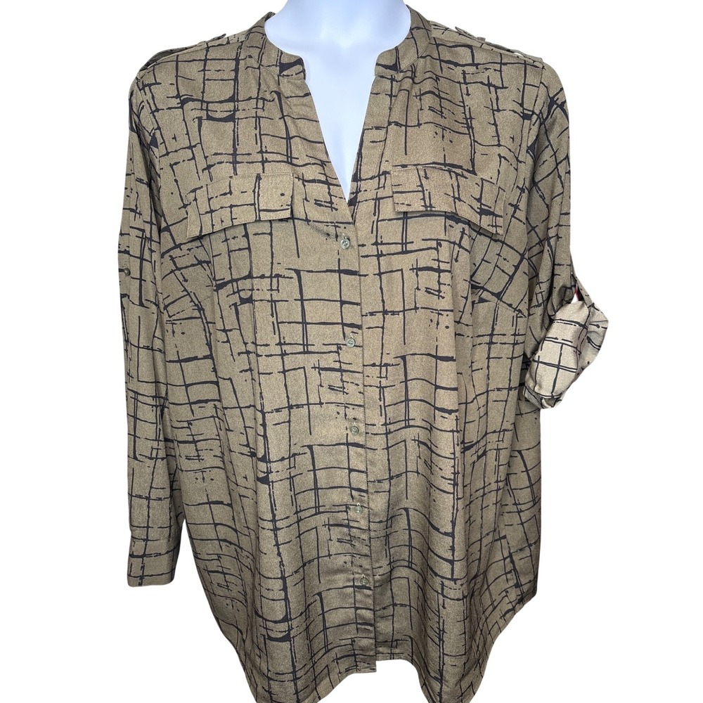 Calvin Klein Womens Olive Green Roll Tab Button Down Blouse Sz 2X Flowy Office